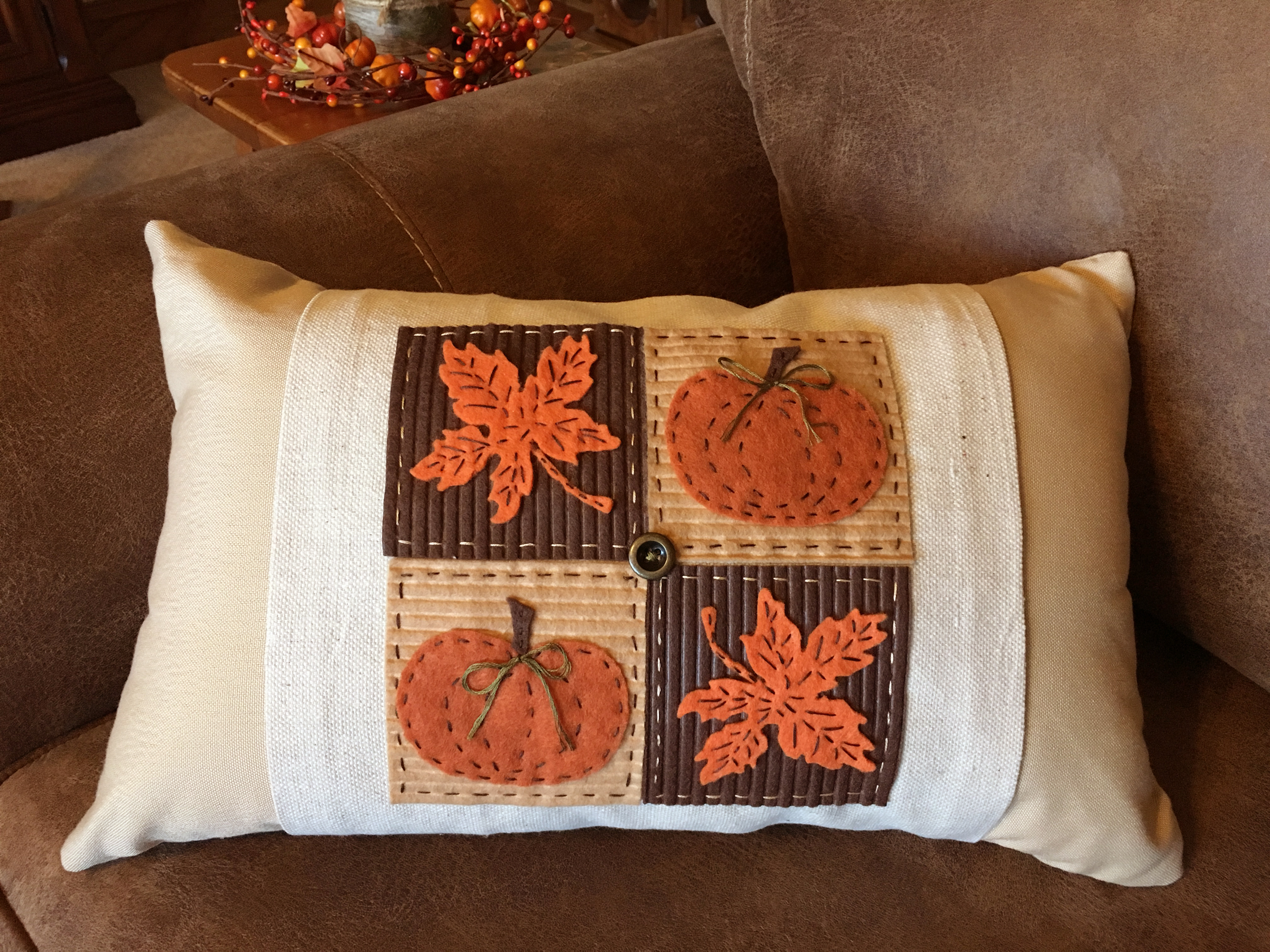 completed cross stitch finished pin cushion Autumn orange pumpkin orange pillow